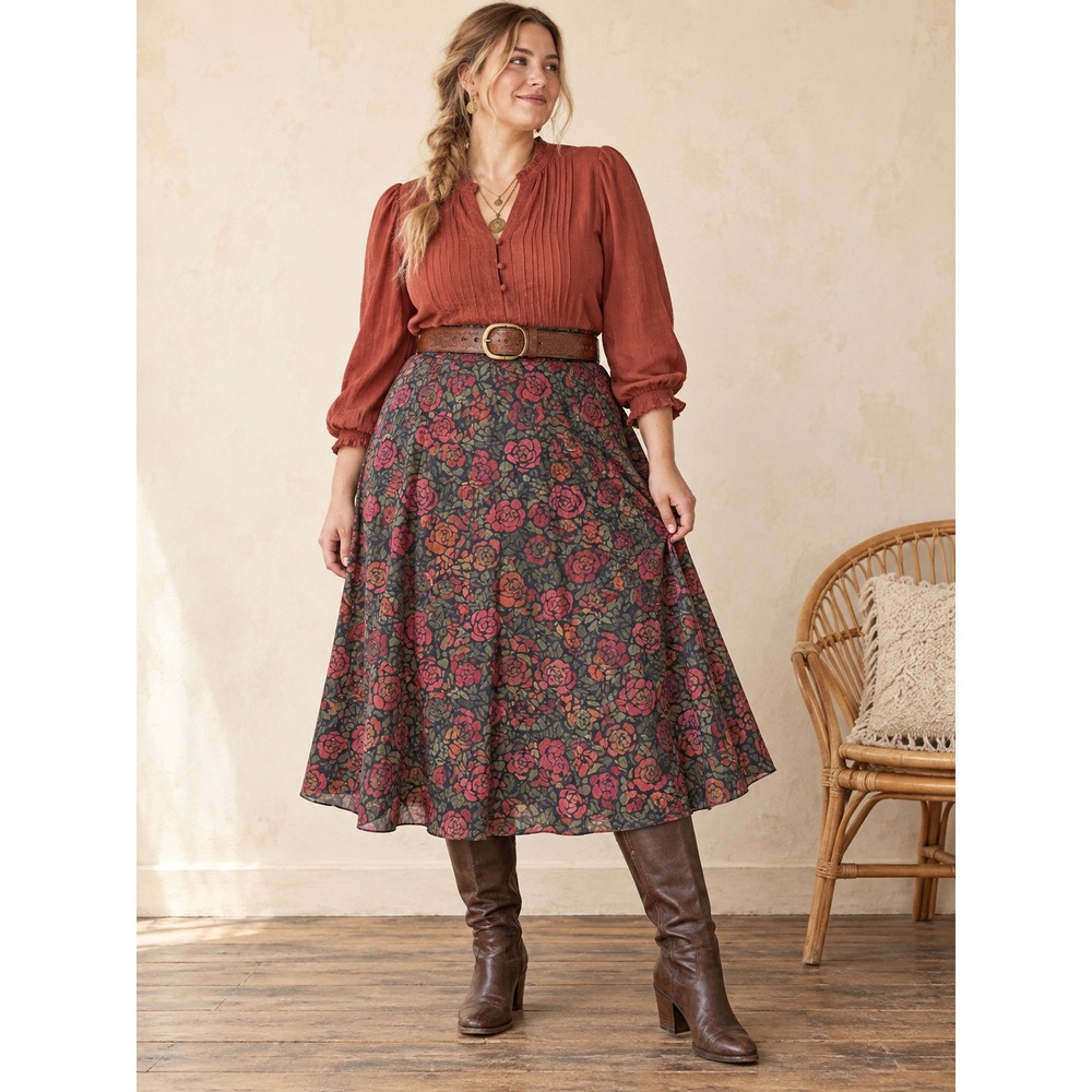 Boho Cottagecore Y2K 90s Red Pink Orange Roses Floral Silky Pleated Midi Skirt